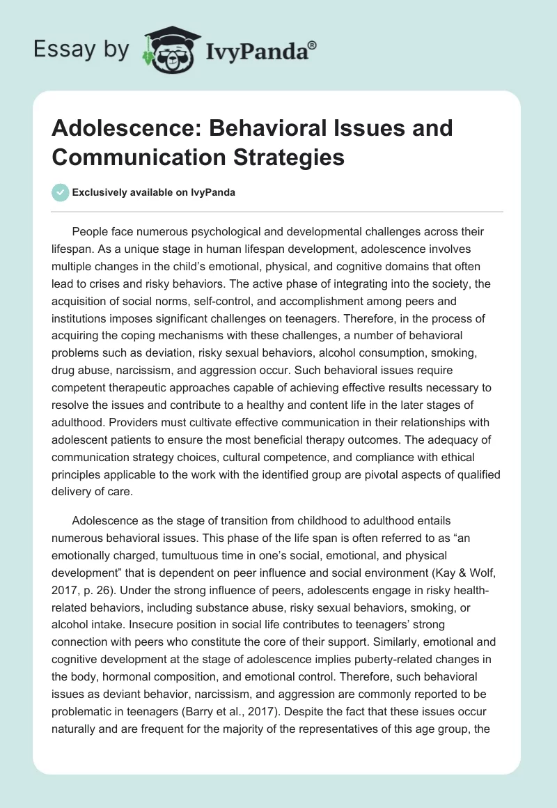Adolescence: Behavioral Issues and Communication Strategies. Page 1