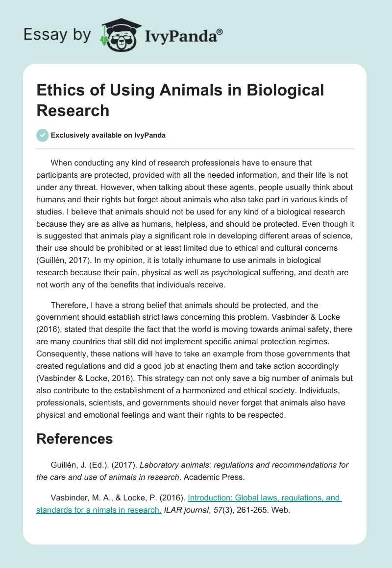 Ethics of Using Animals in Biological Research. Page 1
