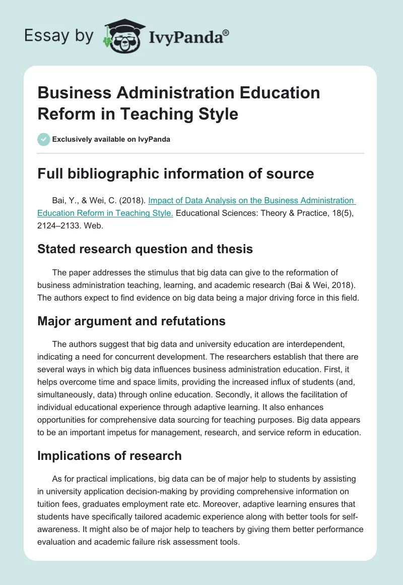 Business Administration Education Reform in Teaching Style. Page 1