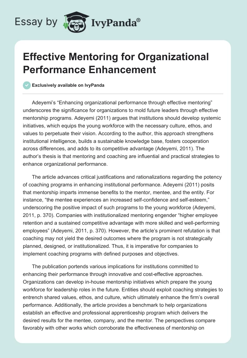 Effective Mentoring for Organizational Performance Enhancement. Page 1