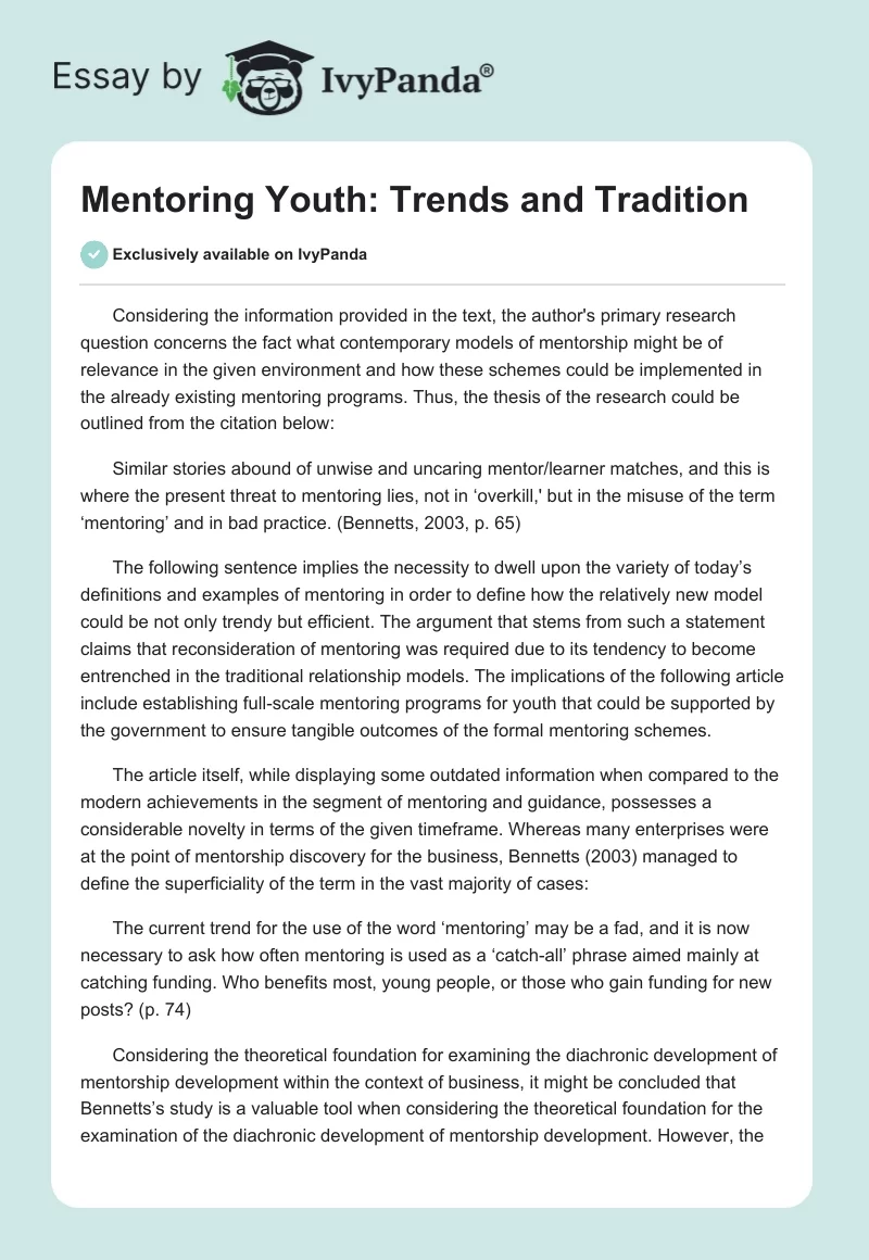 Mentoring Youth: Trends and Tradition. Page 1