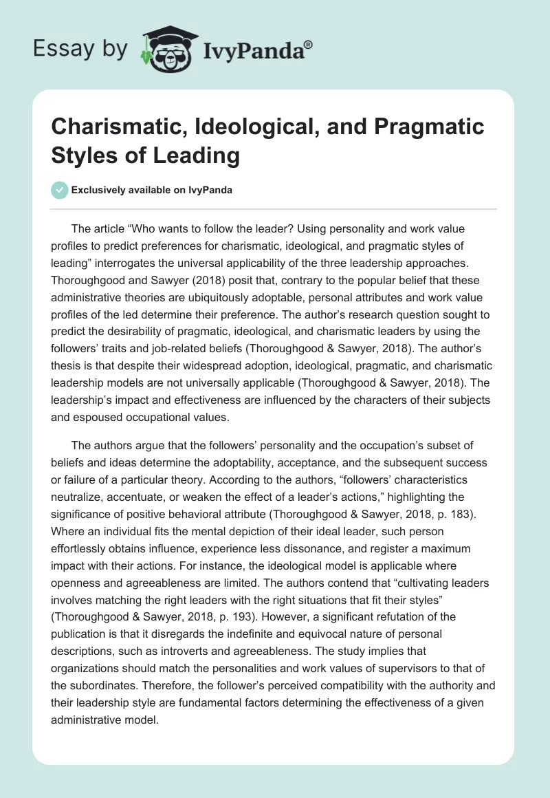 Charismatic, Ideological, and Pragmatic Styles of Leading. Page 1