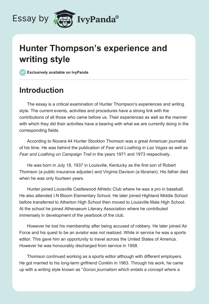 Hunter Thompson’s experience and writing style. Page 1