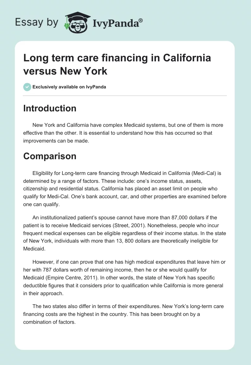 Long term care financing in California versus New York. Page 1