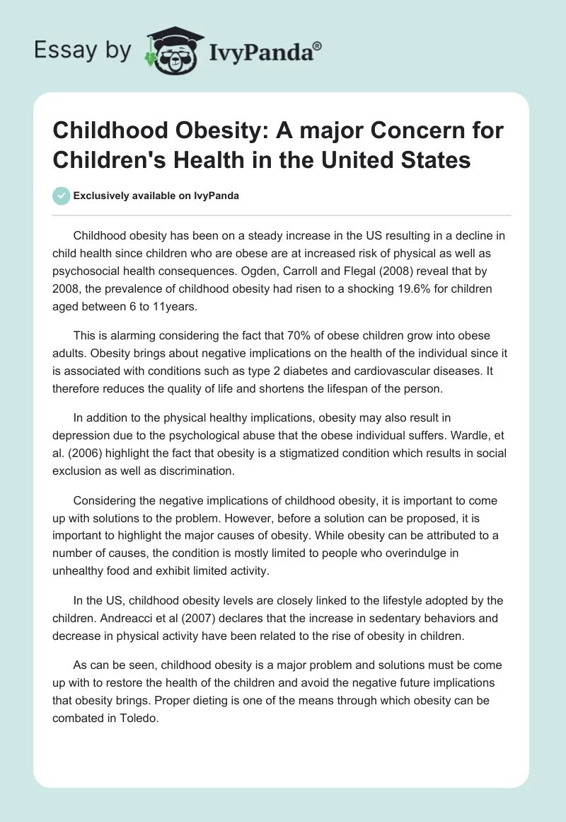 Childhood Obesity: A Major Concern for Children's Health in the United States. Page 1