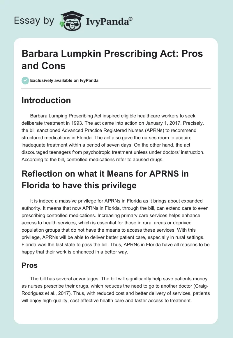 Barbara Lumpkin Prescribing Act: Pros and Cons. Page 1