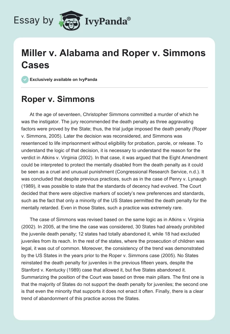 Miller v. Alabama and Roper v. Simmons Cases. Page 1