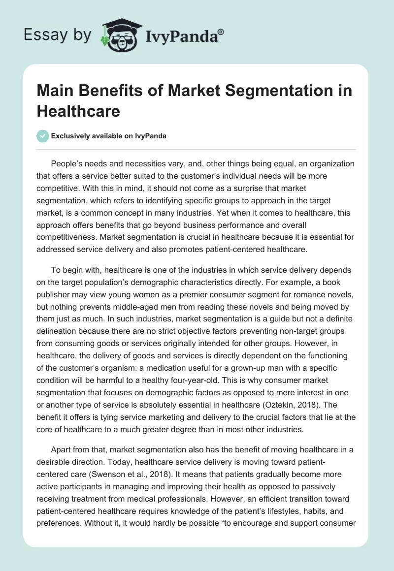 Main Benefits of Market Segmentation in Healthcare. Page 1