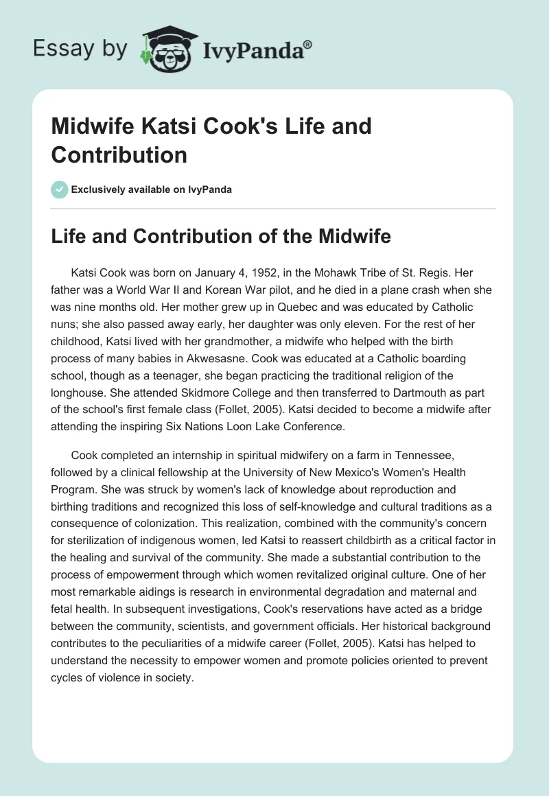 Midwife Katsi Cook's Life and Contribution. Page 1