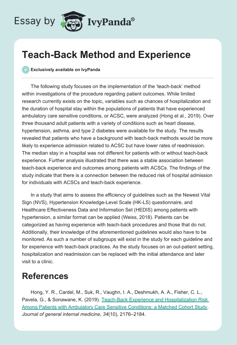 Teach-Back Method and Experience. Page 1