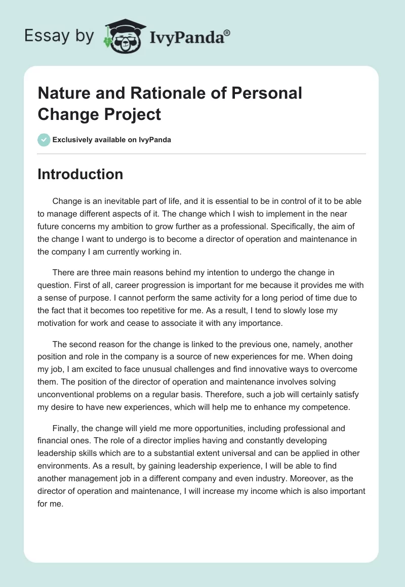Nature and Rationale of Personal Change Project. Page 1