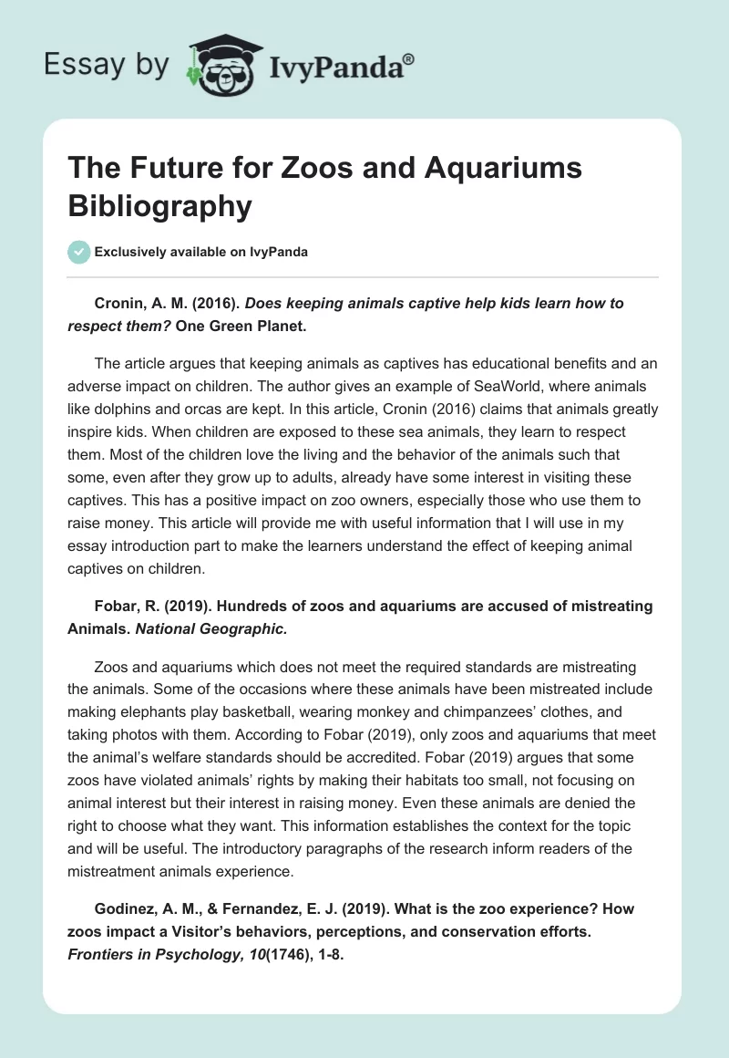 The Future for Zoos and Aquariums Bibliography. Page 1