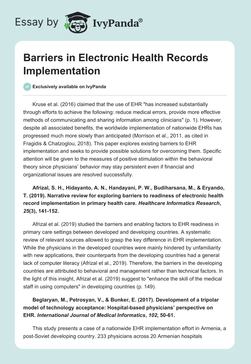 Barriers in Electronic Health Records Implementation. Page 1