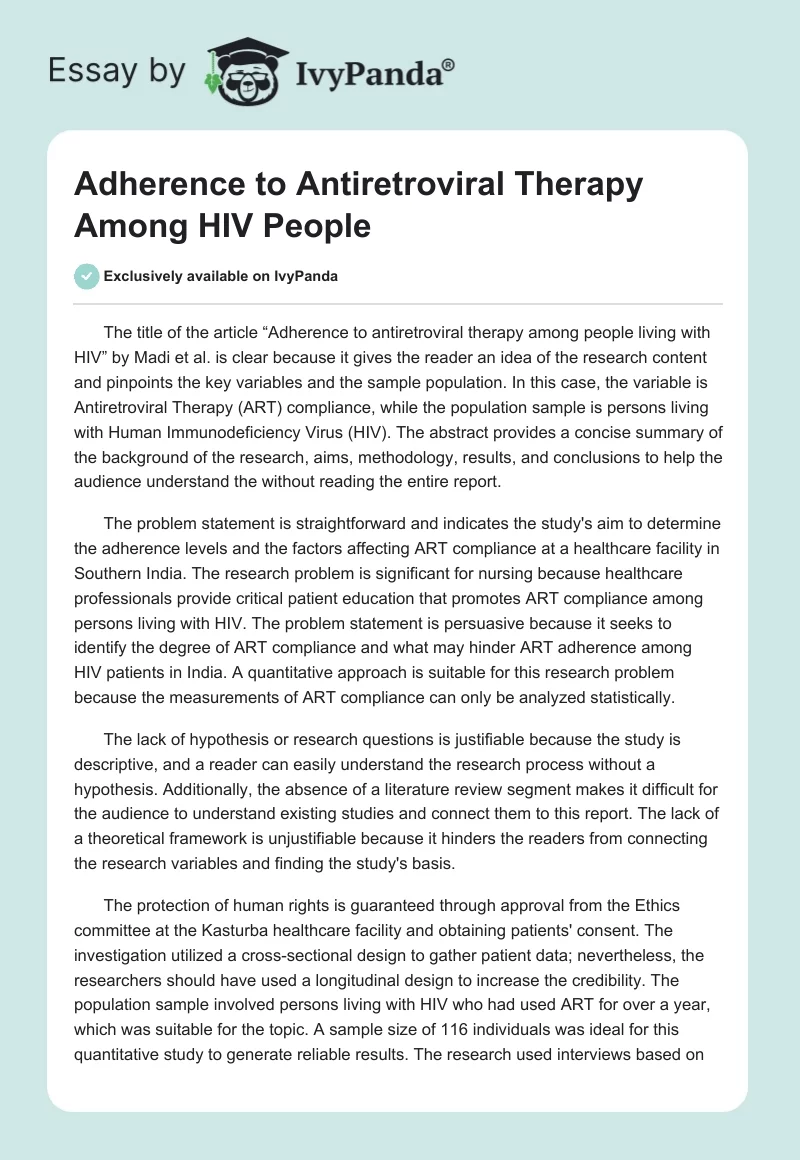 Adherence to Antiretroviral Therapy Among HIV People. Page 1