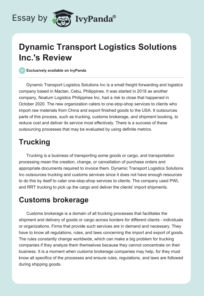 Dynamic Transport Logistics Solutions Inc.'s Review. Page 1