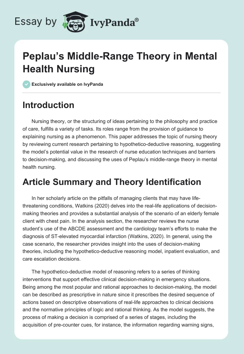 Peplau’s Middle-Range Theory in Mental Health Nursing. Page 1