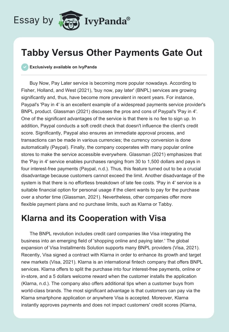 Tabby Versus Other Payments Gate Out. Page 1