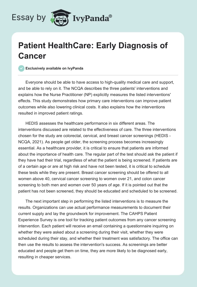 Patient HealthCare: Early Diagnosis of Cancer. Page 1