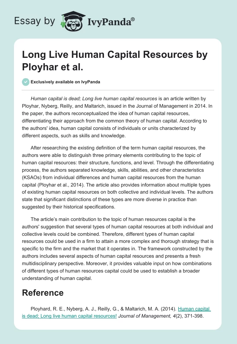 Long Live Human Capital Resources by Ployhar et al.. Page 1