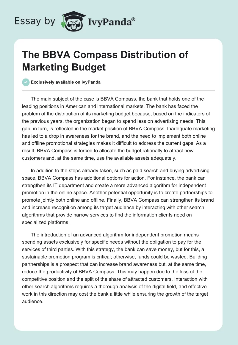 The BBVA Compass Distribution of Marketing Budget. Page 1