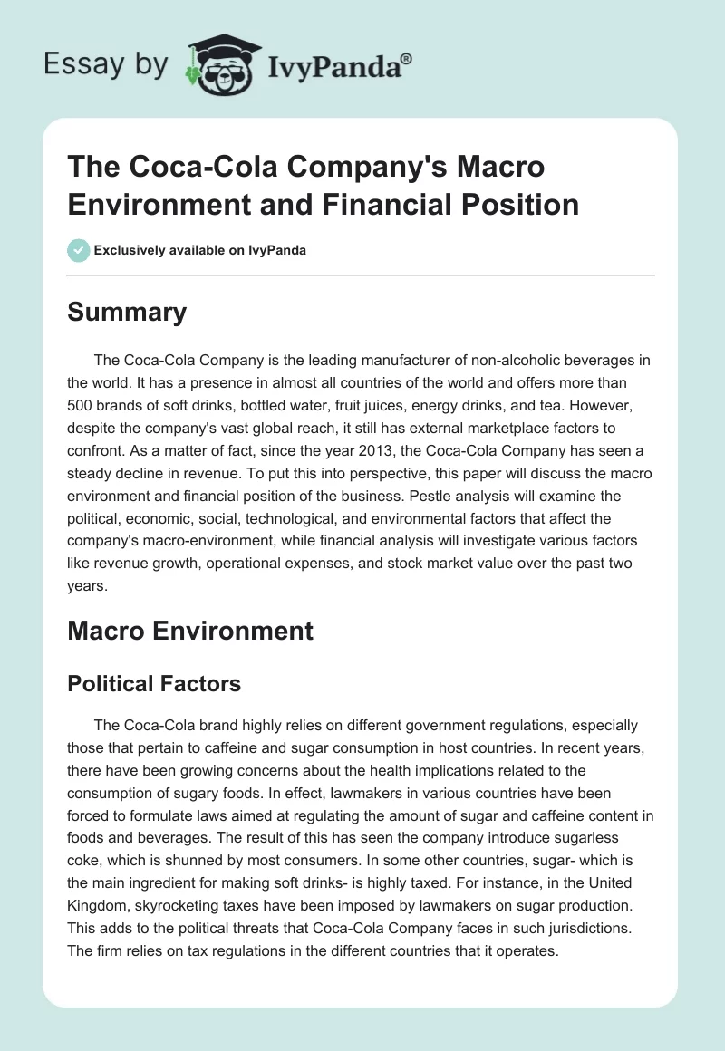 The Coca-Cola Company's Macro Environment and Financial Position. Page 1