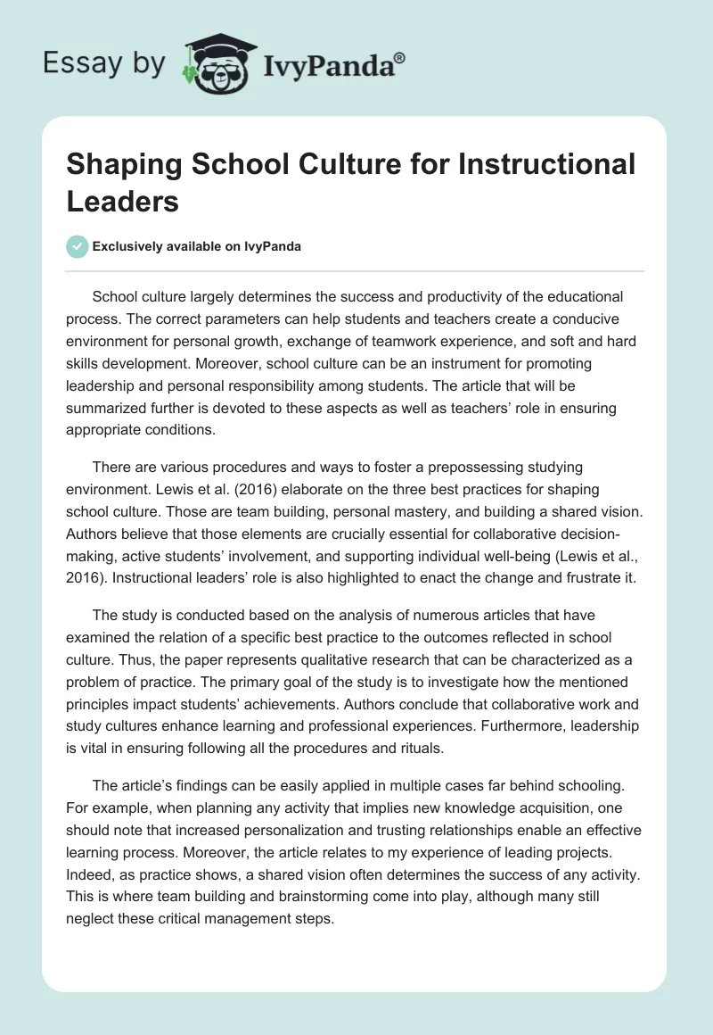 Shaping School Culture for Instructional Leaders. Page 1