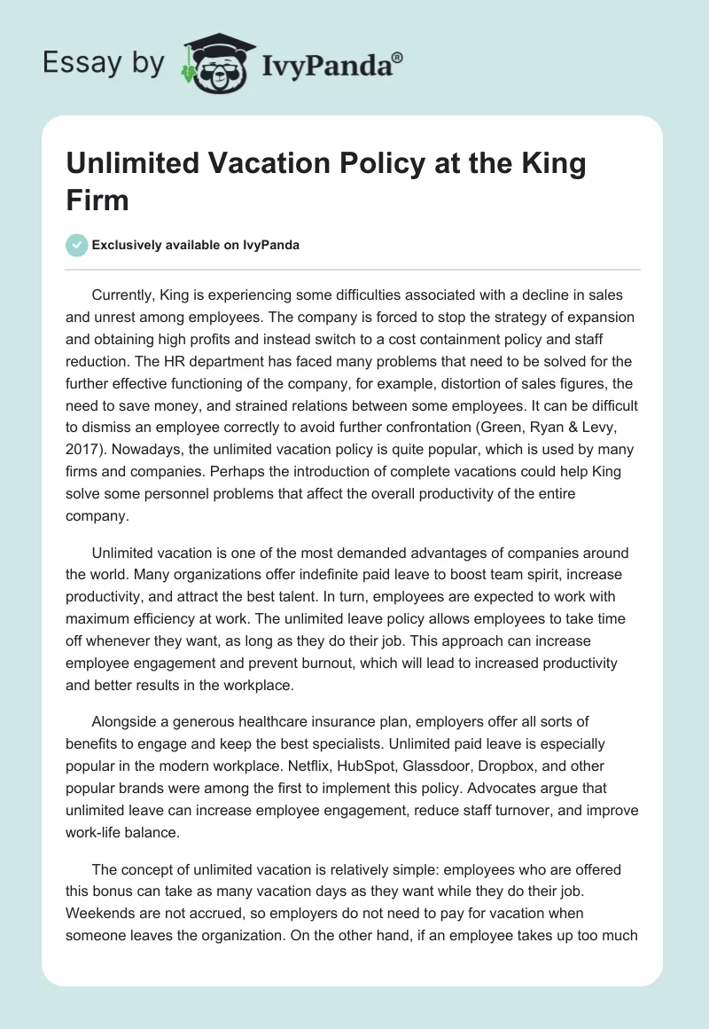 Unlimited Vacation Policy at the King Firm. Page 1