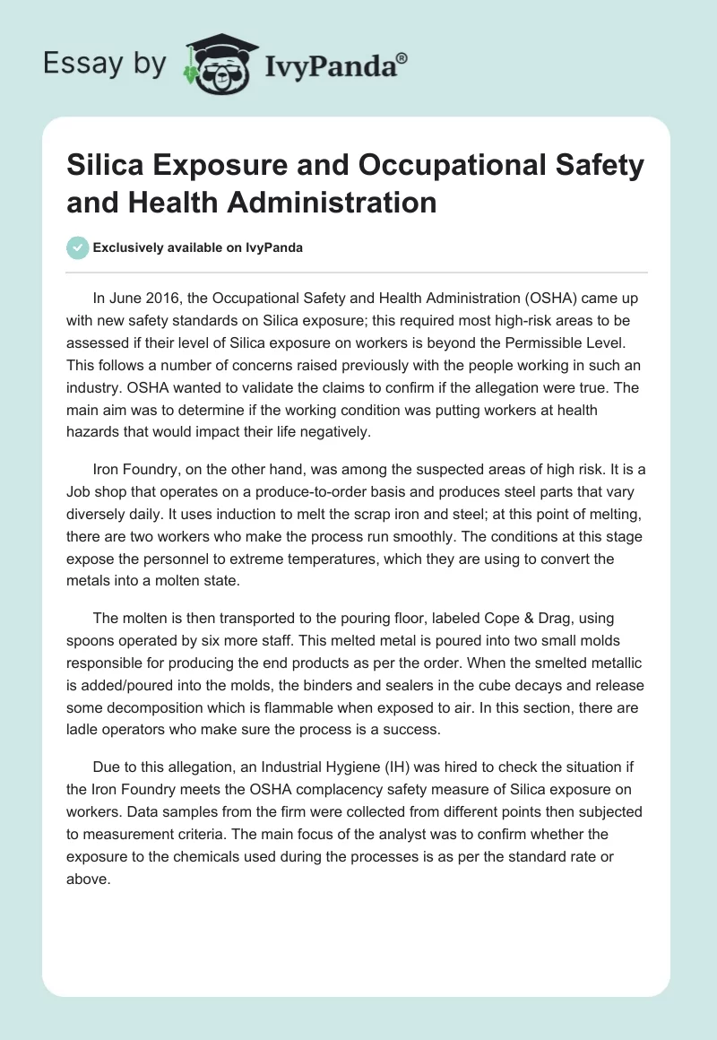 Silica Exposure and Occupational Safety and Health Administration. Page 1