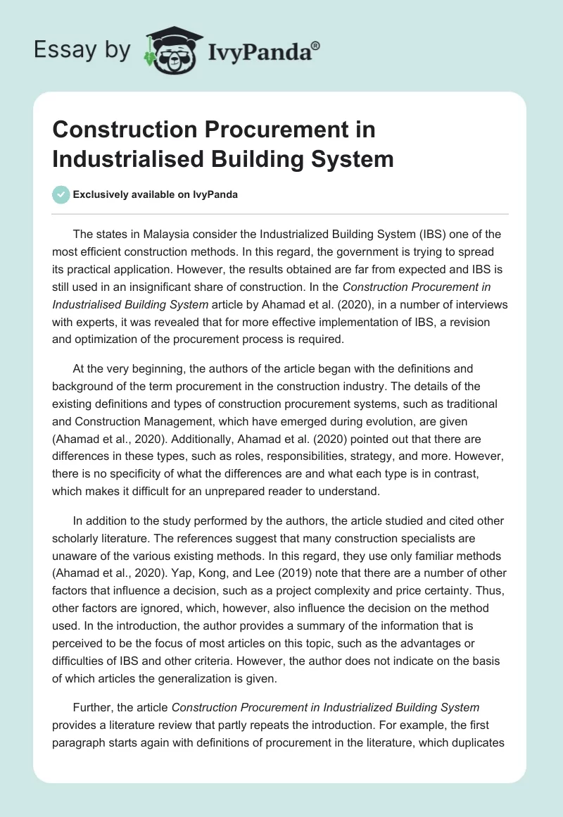 Construction Procurement in Industrialised Building System. Page 1