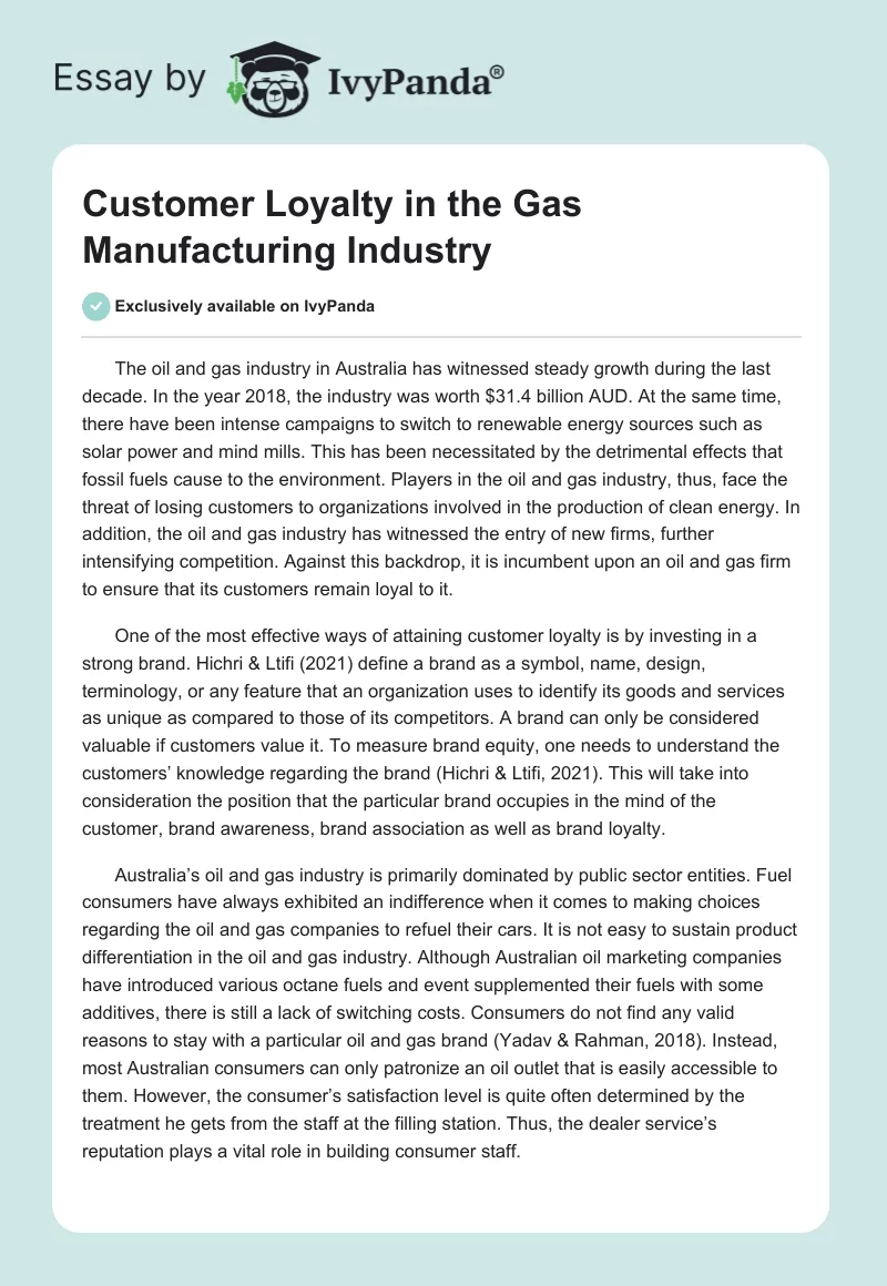 Customer Loyalty in the Gas Manufacturing Industry. Page 1