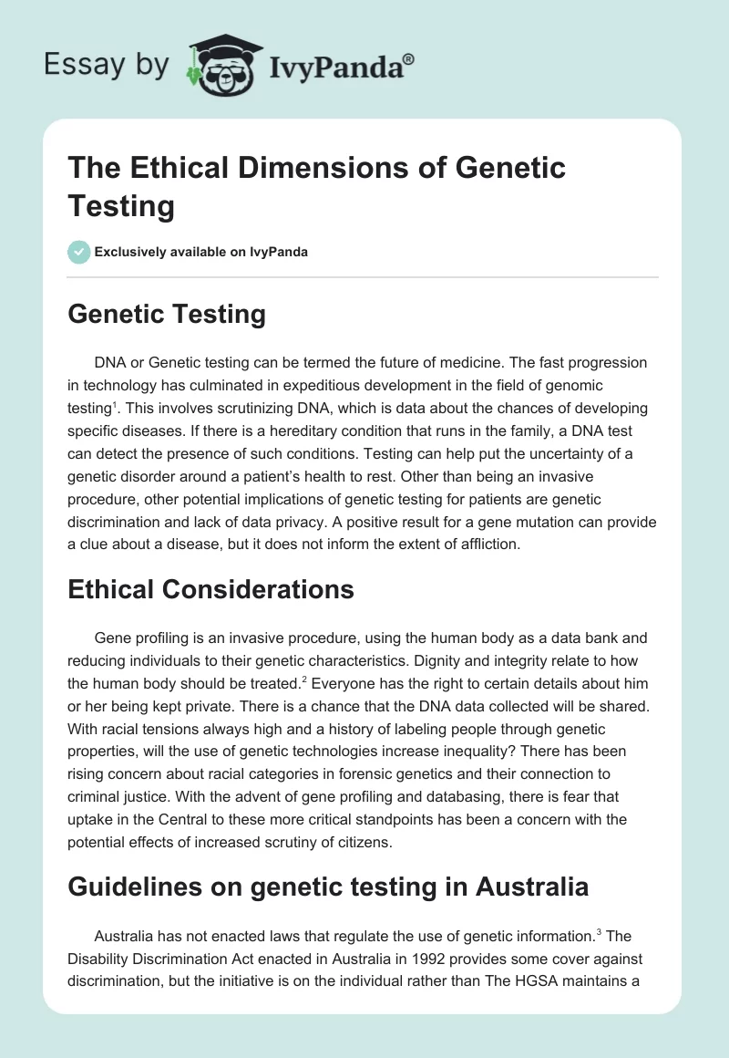 The Ethical Dimensions of Genetic Testing. Page 1