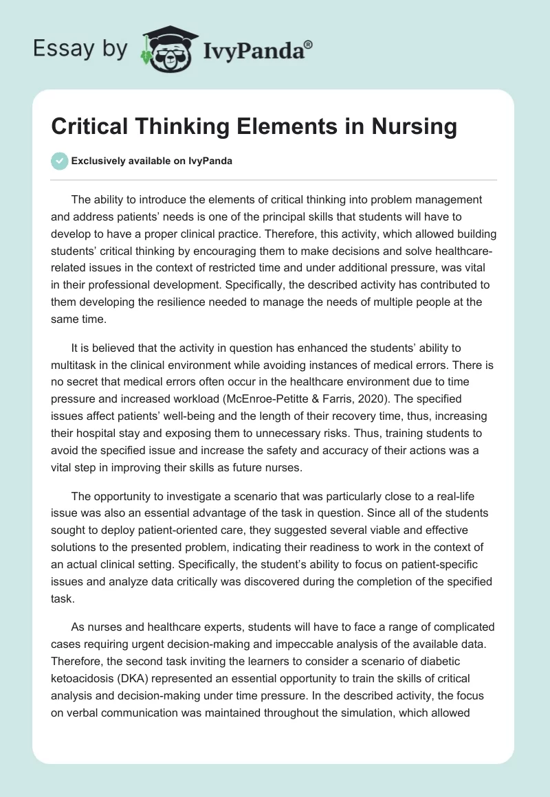 Critical Thinking Elements in Nursing. Page 1