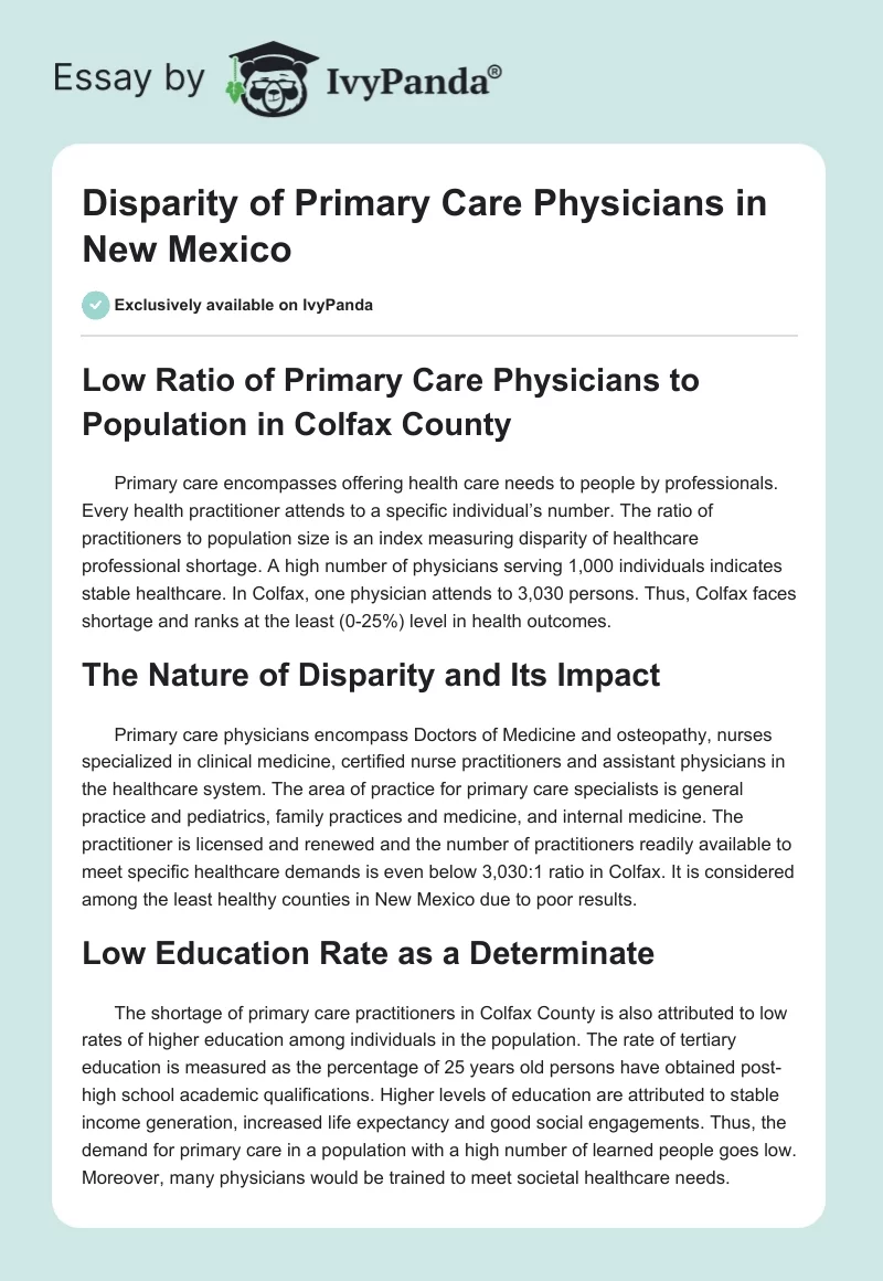 Disparity of Primary Care Physicians in New Mexico. Page 1