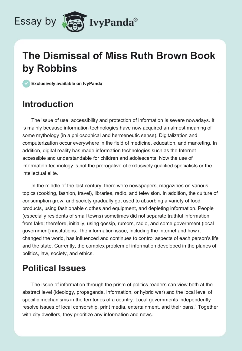 The Dismissal of Miss Ruth Brown Book by Robbins. Page 1
