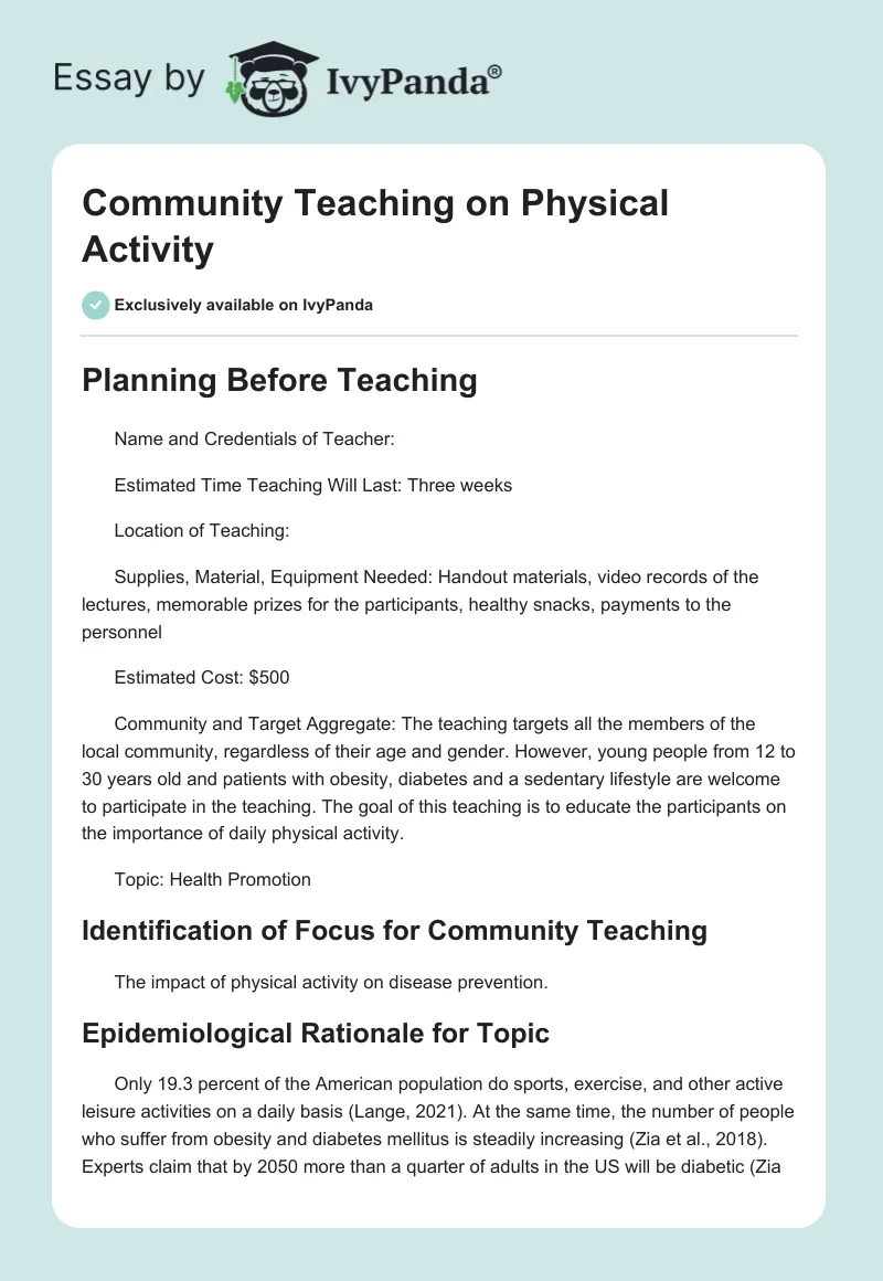 Community Teaching on Physical Activity. Page 1