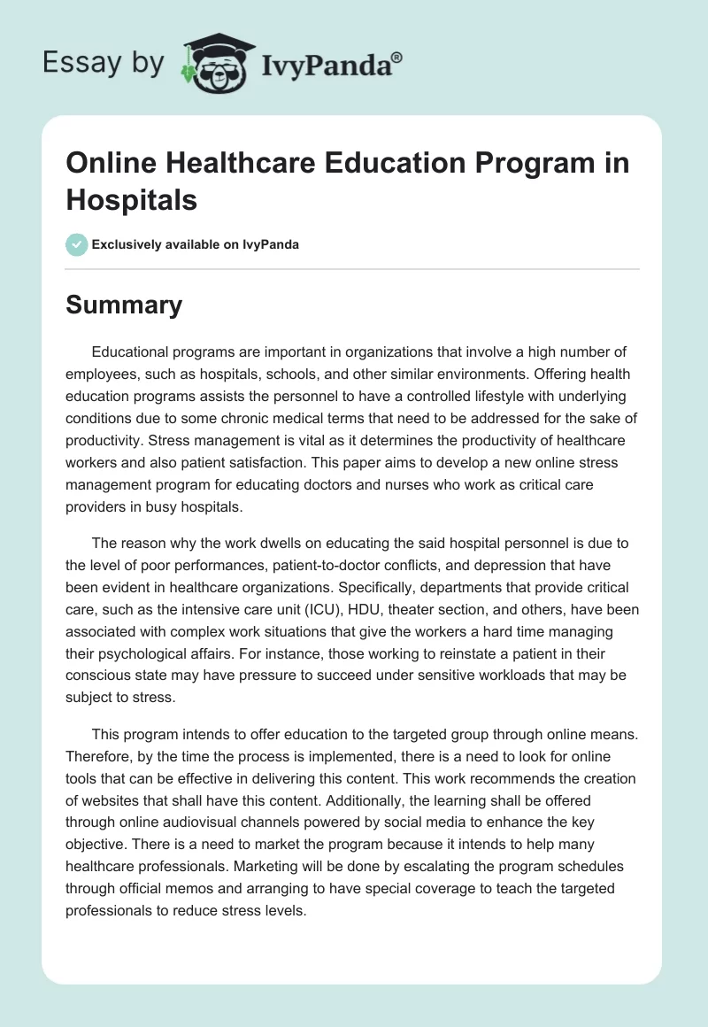 Online Healthcare Education Program in Hospitals. Page 1