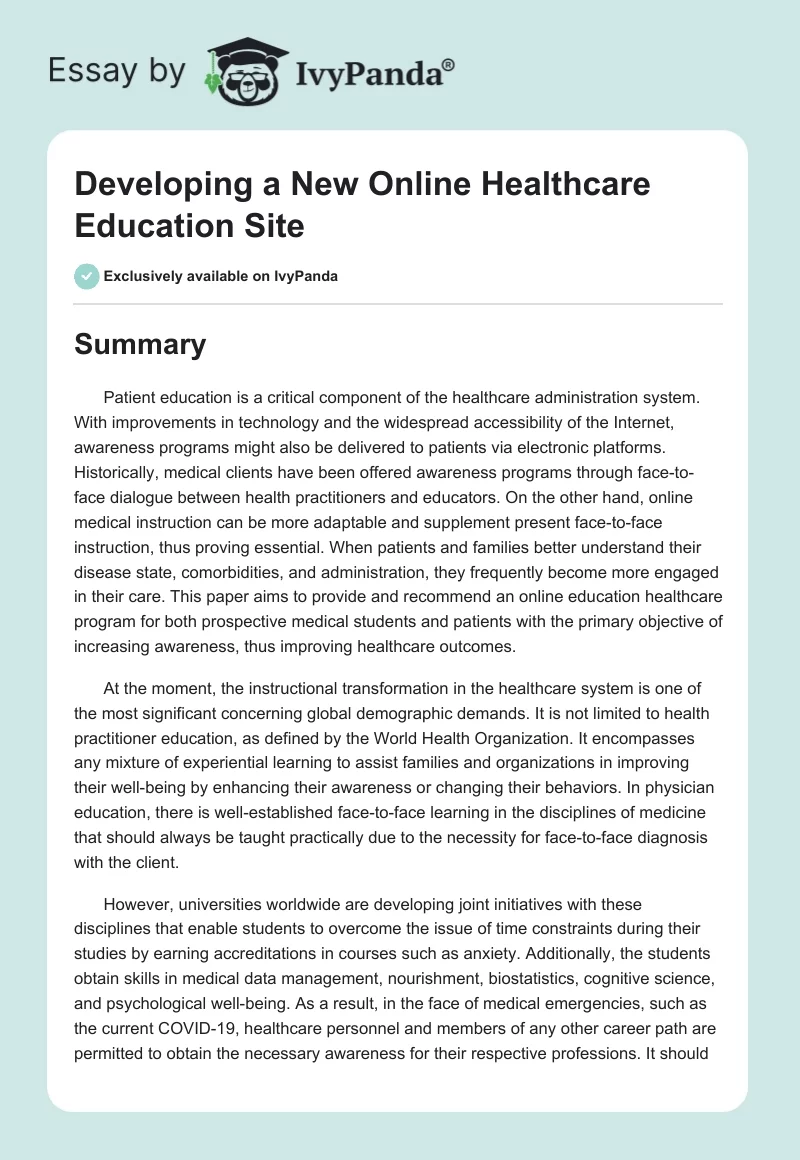 Developing a New Online Healthcare Education Site. Page 1
