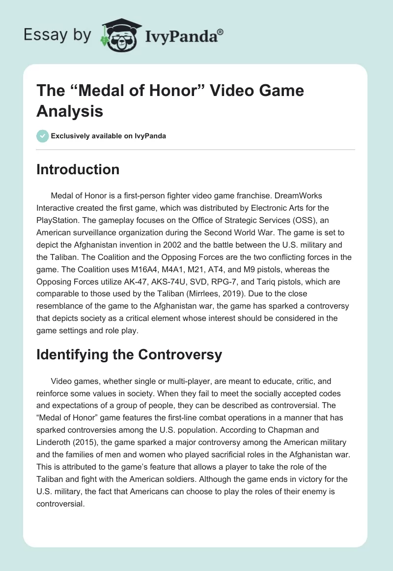 The “Medal of Honor” Video Game Analysis. Page 1