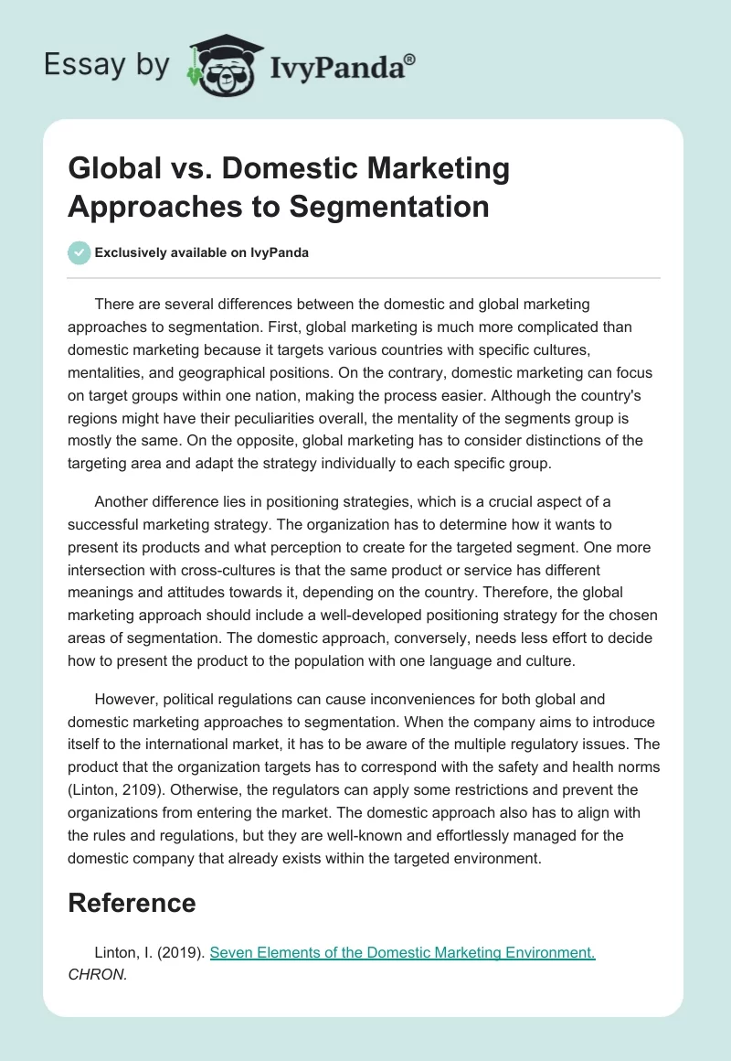 Global vs. Domestic Marketing Approaches to Segmentation. Page 1