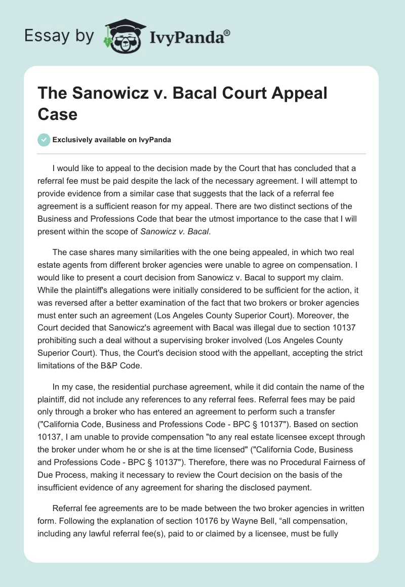 The Sanowicz vs. Bacal Court Appeal Case. Page 1