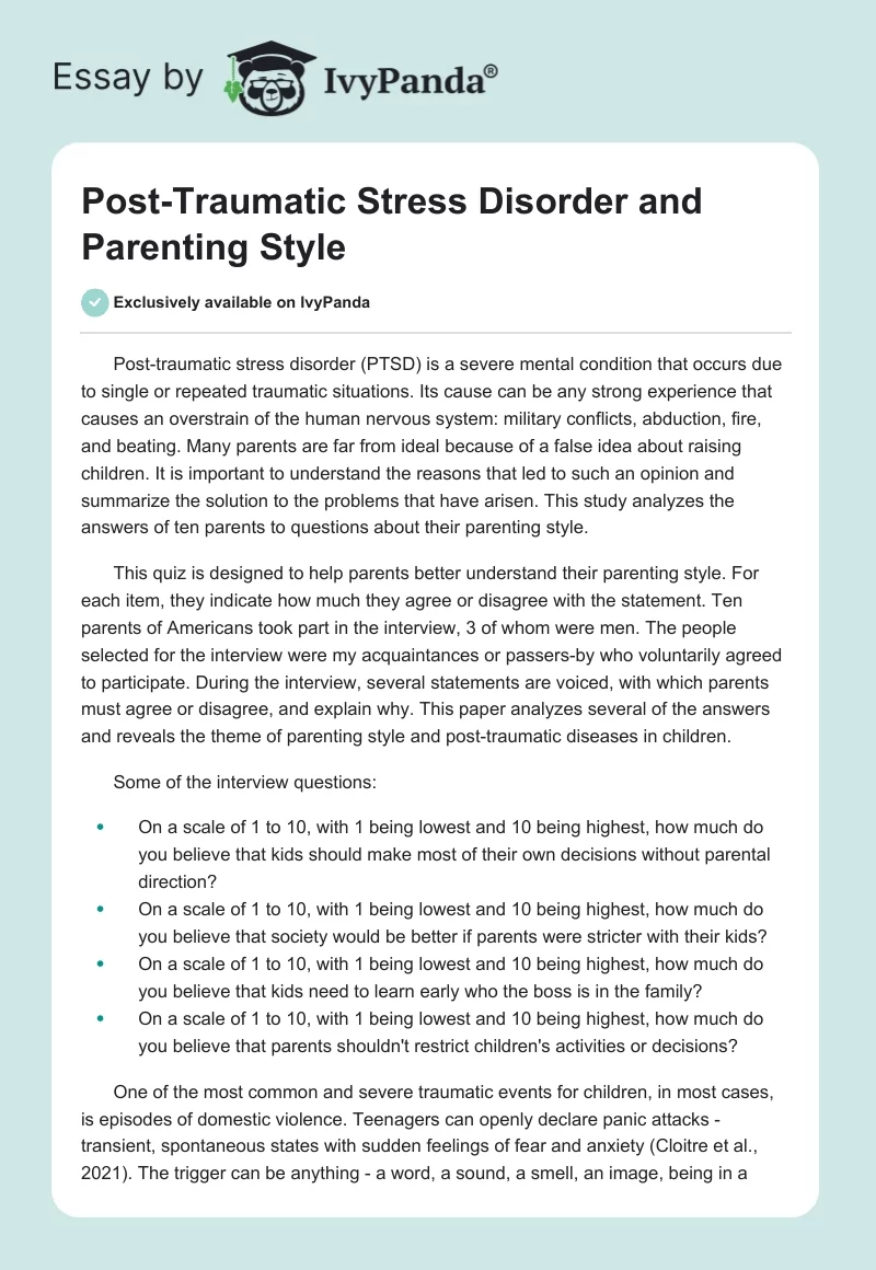 Post-Traumatic Stress Disorder and Parenting Style. Page 1