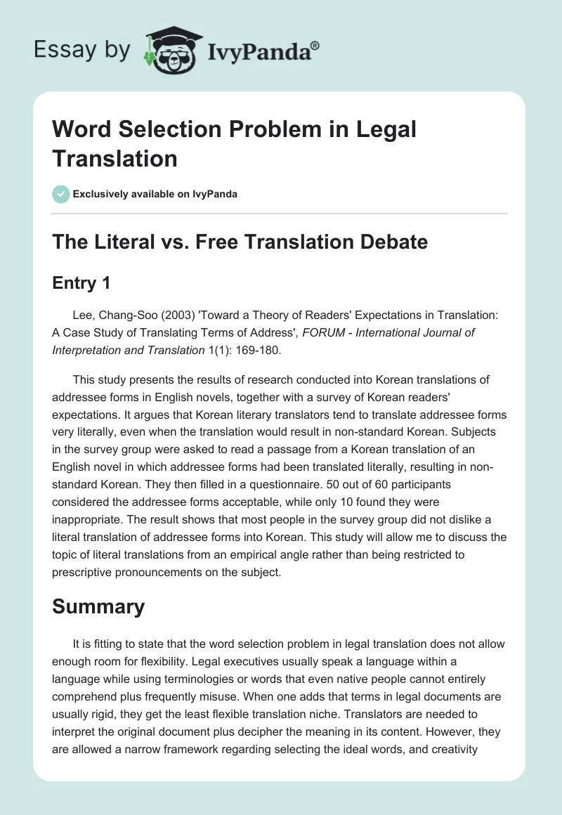 Word Selection Problem in Legal Translation. Page 1
