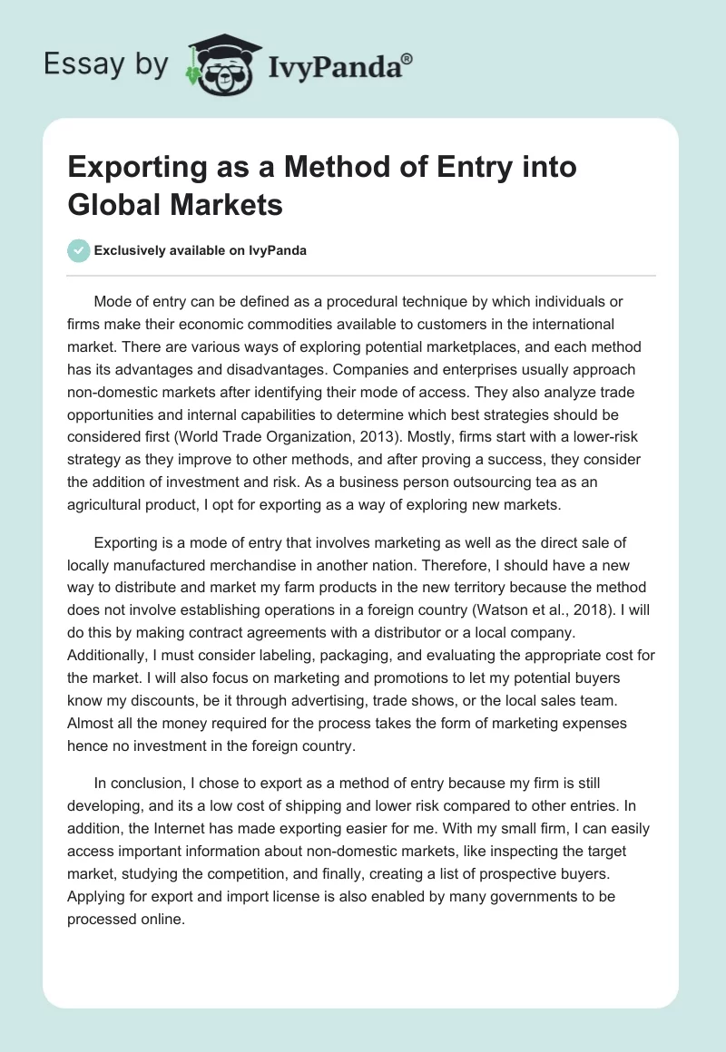 Exporting as a Method of Entry into Global Markets - 342 Words | Essay ...