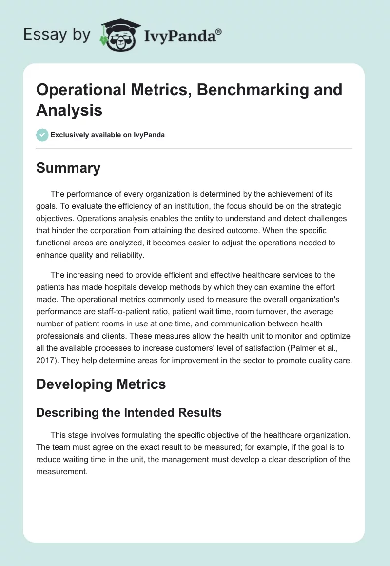 Operational Metrics, Benchmarking and Analysis. Page 1