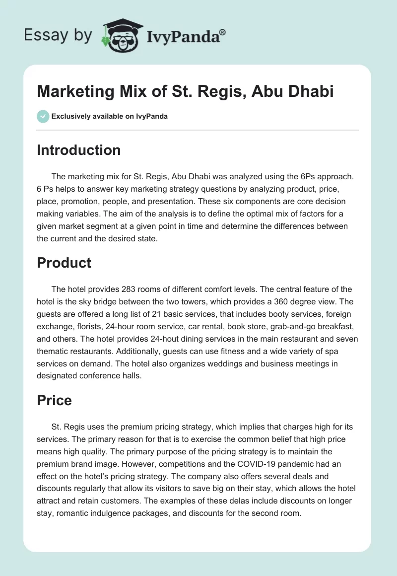 Marketing Mix of St. Regis, Abu Dhabi. Page 1