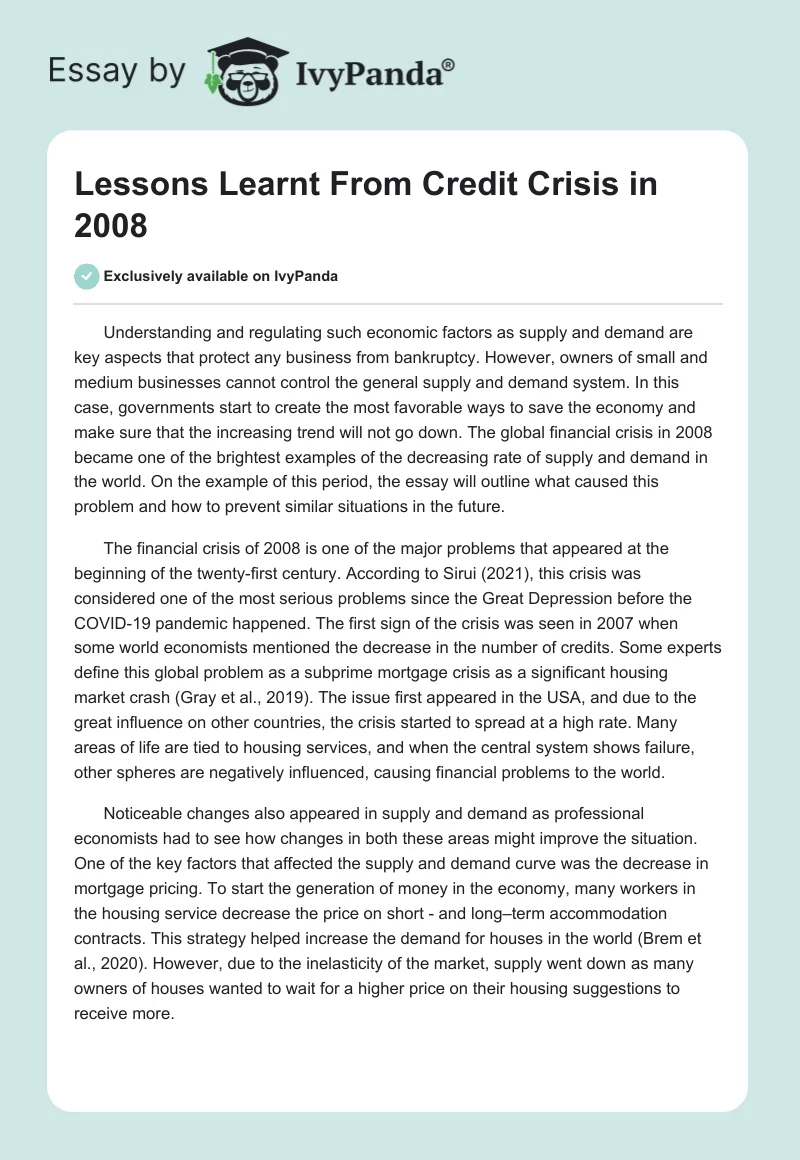 Lessons Learnt From Credit Crisis in 2008. Page 1