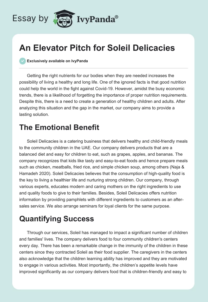 An Elevator Pitch for Soleil Delicacies. Page 1