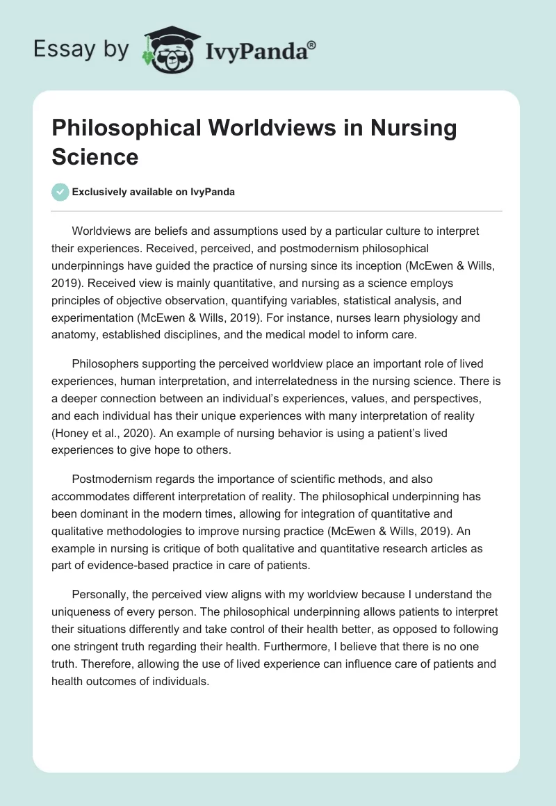 Philosophical Worldviews in Nursing Science. Page 1