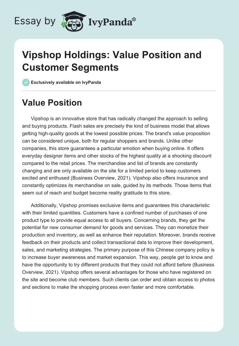 Vipshop Holdings: Value Position and Customer Segments. Page 1