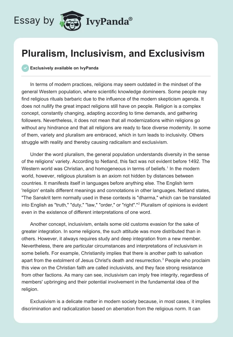 Pluralism, Inclusivism, and Exclusivism. Page 1